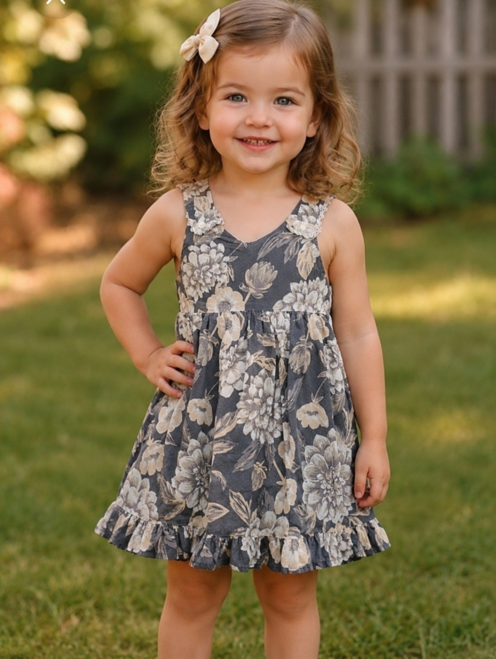 Catherine Malandrino Little Girl Floral Dress Crisscross Back Lace Trim